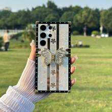 1 ốp lưng bảo vệ hình vuông màu trắng, được trang trí bằng hoa hướng dương may mắn lấp lánh và bướm vàng, phù hợp cho cả điện thoại Apple và Android, phiên bản quốc tế, không phải phiên bản nội địa. - trắng - Xem 2