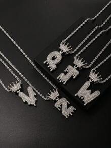 1入歐美時尚皇冠和眼淚形字母吊墜項鍊,帶有朋克風格的金色電鍍 - 銀色 - 查看 2