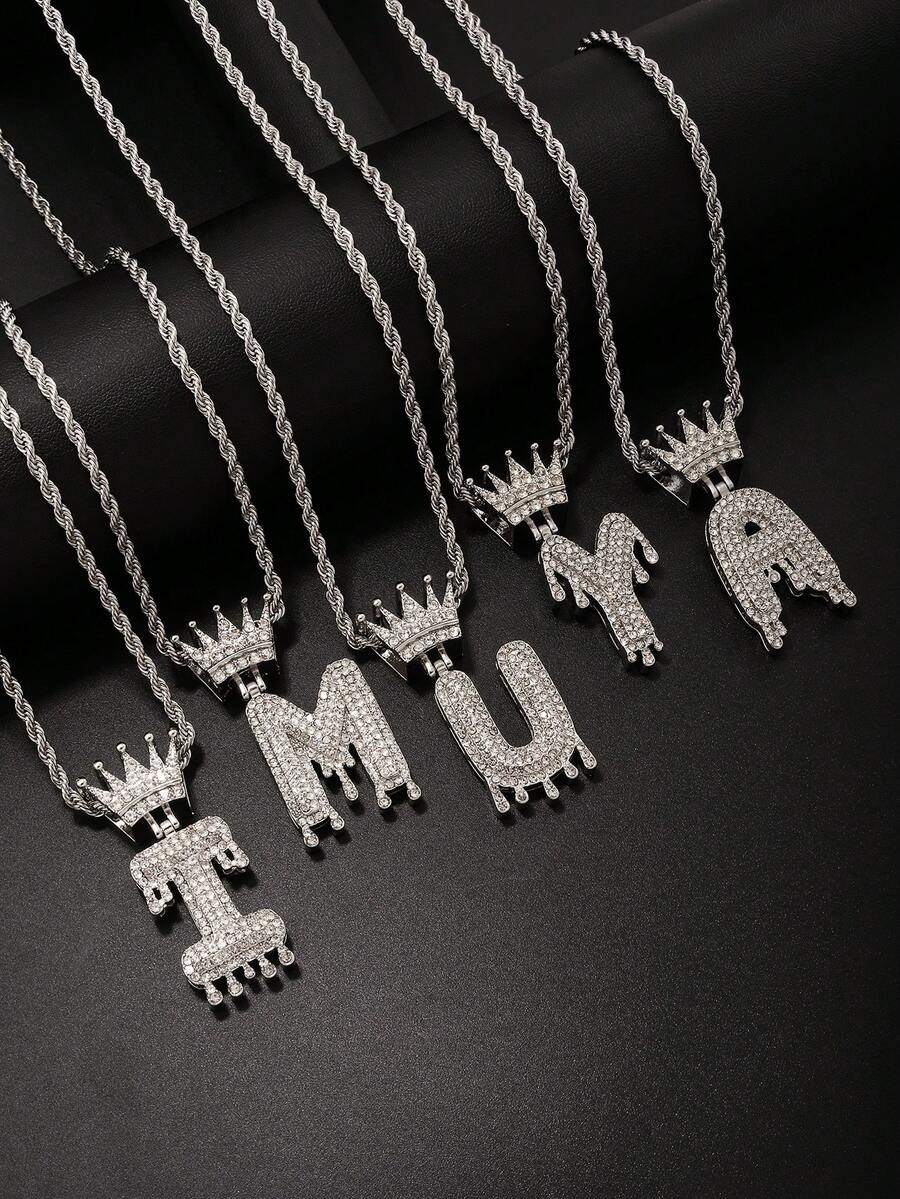 1入歐美時尚皇冠和眼淚形字母吊墜項鍊,帶有朋克風格的金色電鍍 - 銀色 - 查看 1