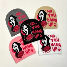 1 Mũ Dệt Kim In Hình Ma Halloween, Trang Phục Thường Ngày, Mềm Mại & Ấm Áp, Thích Hợp Cho Du Lịch Đường Phố Thu Đông - màu đen - Xem 2