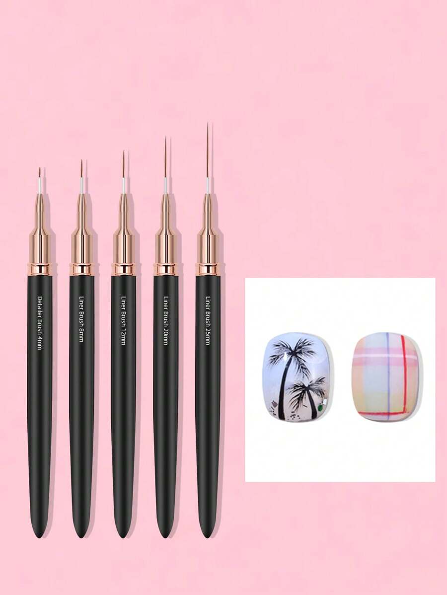 5Pcs/Set Black Metal Handle Nail Art Striping Brush Nail Design Brushes