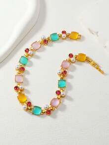 1pc Colorful Gemstone & Rhinestone Detail Necklace Suitable For Women's Daily Wear - Multicolor - View 5