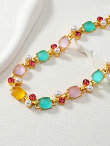 1pc Colorful Gemstone & Rhinestone Detail Necklace Suitable For Women's Daily Wear - Multicolor - View 2