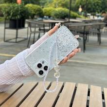 1个手机壳，兼容苹果和安卓手机，带有闪亮星星、爱心和水钻，并附赠一条链子手链，国际版，非国内版 - 白色 - 查看 6