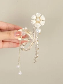 1个11.5厘米发爪，饰有仿珍珠、百合花和爱心形流苏，优雅情人节发夹，发卡，发夹，发饰抓夹，发夹，发饰夹子，发饰抓夹，秋冬季女士度假装扮夏季海滩发饰 - 金色 - 查看 2