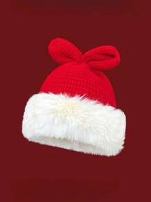 1 件冬季保暖針織帽附耳罩蝴蝶裝飾親子系列聖誕紅帽