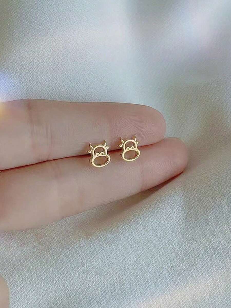 1對女士用銅合金製成的可愛牛形耳釘 - 金色 - 查看 1
