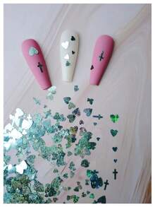 Mixed Design & Size Green Heart Shaped Nail Art Decoration With Grid Pattern - Green - View 4