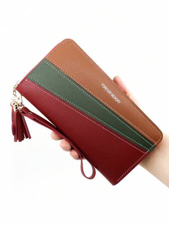 1 Pc  Women's Three-Color Leather Long Purse Zipper Hand Bag Handbag Single Pull Phone Bag Coin Purse