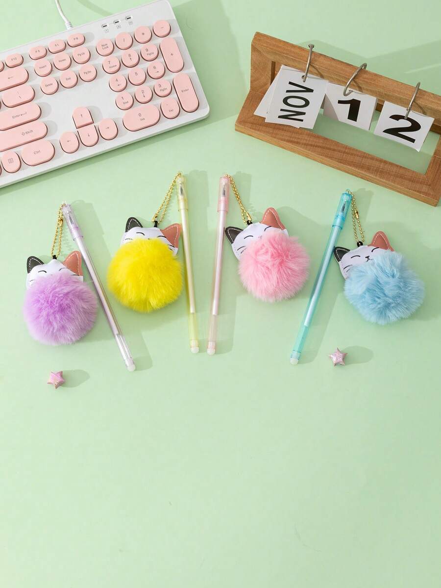4pcs/set Lucky Cat Design Ballpoint Pen With Pom Pom - Multicolor - View 1