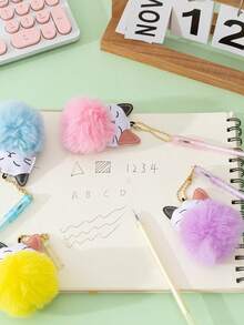 4pcs/set Lucky Cat Design Ballpoint Pen With Pom Pom - Multicolor - View 3