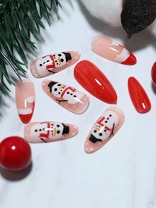 24片聖誕節美甲紅帽子白雪人黑帽子設計法式杏仁形美甲片,含1個水果果凍膠和1個水果果凍膠,適合女性和女孩作為快樂聖誕快樂新單品