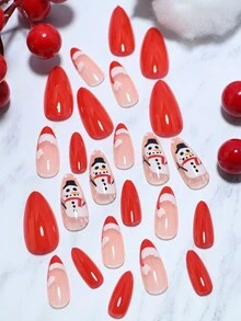 24片聖誕節美甲紅帽子白雪人黑帽子設計法式杏仁形美甲片,含1個水果果凍膠和1個水果果凍膠,適合女性和女孩作為快樂聖誕快樂新單品
