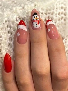 24片聖誕節美甲紅帽子白雪人黑帽子設計法式杏仁形美甲片,含1個水果果凍膠和1個水果果凍膠,適合女性和女孩作為快樂聖誕快樂新單品