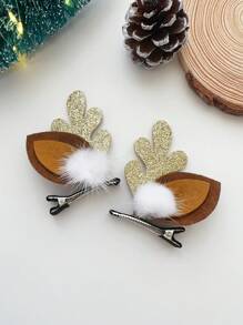 2 件女孩圣诞鹿角绒球套装鳄鱼发夹、断发夹、侧夹 - 彩色 - 查看 6