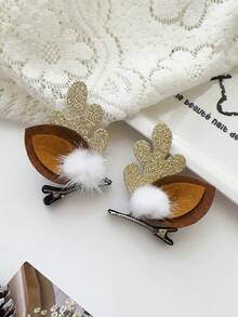 2 件女孩圣诞鹿角绒球套装鳄鱼发夹、断发夹、侧夹 - 彩色 - 查看 3