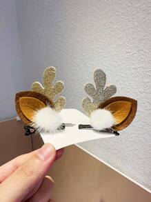 2 件女孩圣诞鹿角绒球套装鳄鱼发夹、断发夹、侧夹 - 彩色 - 查看 1