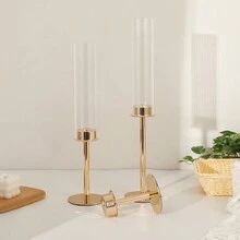 3pcs, Elegant Metal Candle Holder With Glass Globe, Golden Wedding Centerpiece, Candlestick For Table Decoration, Party Decor, Party Supplies, Holiday Decor, Table Decor, Dining Room Decor - Gold - View 1