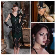 1920年代配件女性盛裝套裝,復古髮箍,香煙支架,長手套,手鍊和項鍊(套裝2)