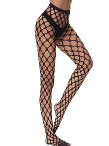 1 Paio Di Calze A Rete Con Foro Netto Grande, Alla Moda, Di Nuovo Stile, Che Fondono Collant Jacquard - nero - Visualizzare 4