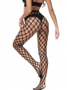 1 Paio Di Calze A Rete Con Foro Netto Grande, Alla Moda, Di Nuovo Stile, Che Fondono Collant Jacquard - nero - Visualizzare 2