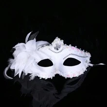 黑/白色繪製的帶貝殼威尼斯化妝舞會面具,羽毛細節,適用於派對表演 - 白色 - 查看 1