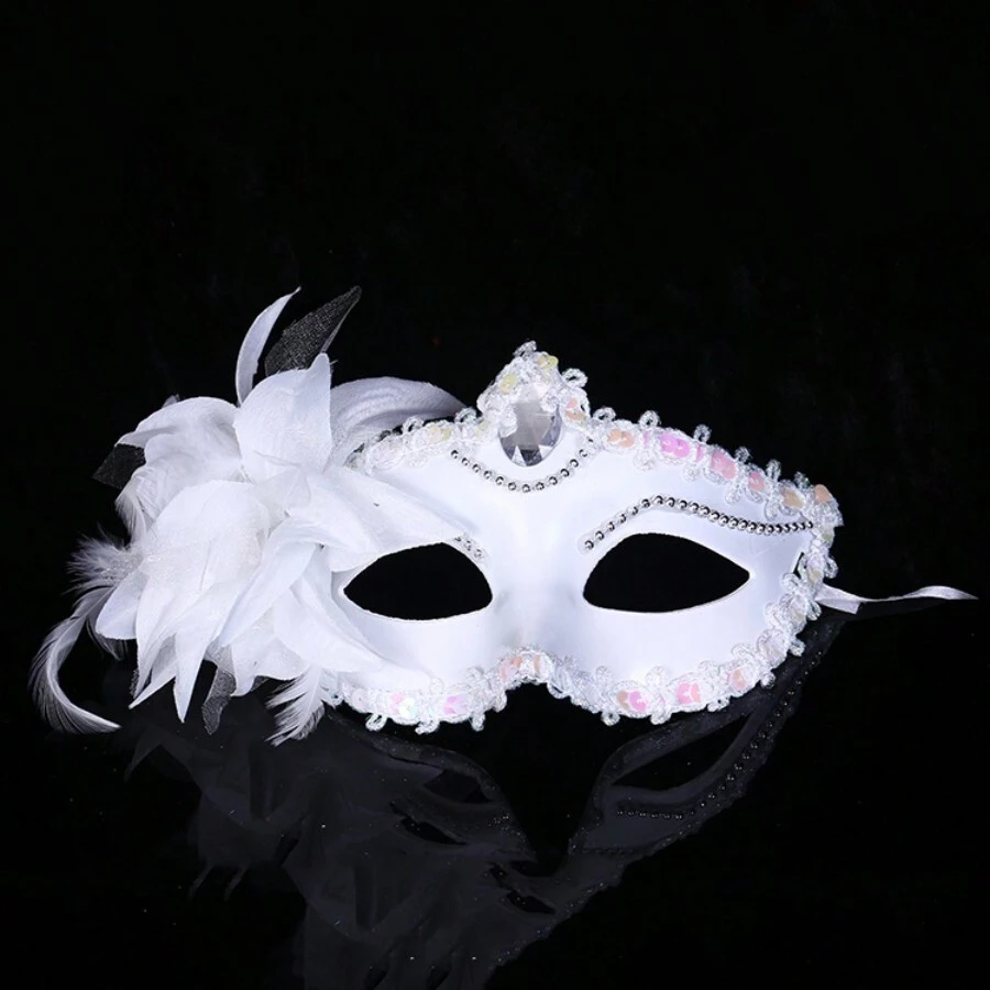 黑/白色繪製的帶貝殼威尼斯化妝舞會面具,羽毛細節,適用於派對表演 - 白色 - 查看 1