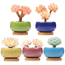 1個陶瓷多肉盆栽,小巧型設計帶排水孔,冰花釉陶瓷手工植物容器,家庭辦公室裝飾