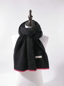 1入女士秋冬新款時尚多用途韓式色塊扭結針織圍巾,冬季保暖 - 黑色 - 查看 7