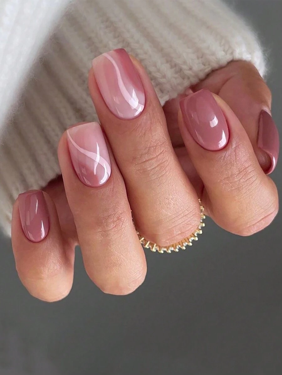 24pcs Simple Stripe & Solid Color Short Square False Nails For Nail Art Decoration - Multicolor - View 1