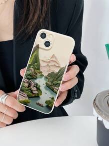 1pc White Phone Case With Small Town Landscape Print, Precise Hole Cutout For Camera, Compatible With Iphone - Multicolor - View 4