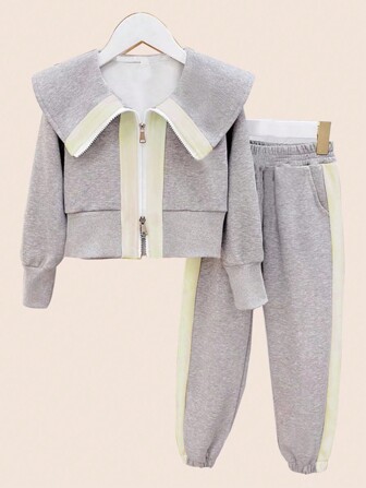 女大童字母圖案拉鍊開襟夾克和運動褲