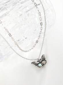 1入bohemian Style復古鋅合金蝴蝶與花紋項鍊,帶貝殼雙層項鍊古銀色,適用於女性日常穿戴和作為送女友的禮物 - 復古銀色 - 查看 1