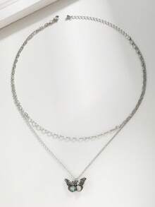 1入bohemian Style復古鋅合金蝴蝶與花紋項鍊,帶貝殼雙層項鍊古銀色,適用於女性日常穿戴和作為送女友的禮物 - 復古銀色 - 查看 3