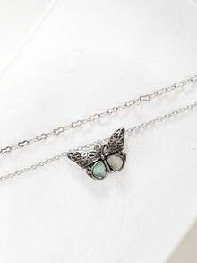 1入bohemian Style復古鋅合金蝴蝶與花紋項鍊,帶貝殼雙層項鍊古銀色,適用於女性日常穿戴和作為送女友的禮物 - 復古銀色 - 查看 2