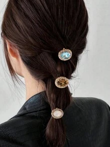 3 件裝女用橢圓形低馬尾辮配件髮鉤鑲嵌水晶玻璃寶石無縫髮夾適合日常佩戴