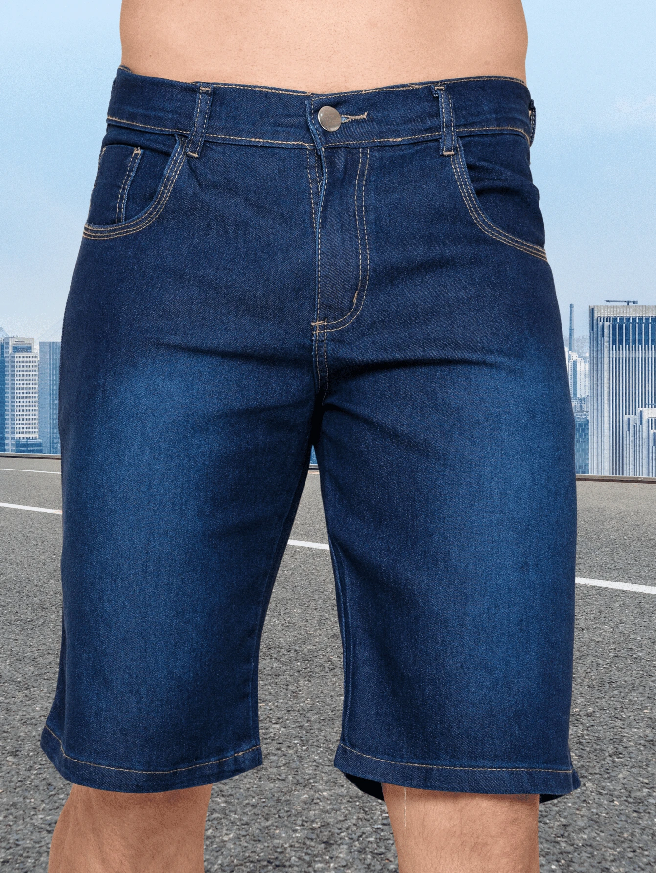 Calça Shorts Jeans Masculina Slim Original Elastano Roupas direto da fábrica da Moda Cor Escuro - Lavagem escura - Visão 1