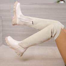 女式過膝高筒靴,彈力,粗跟,隱形坡跟,厚底,秋冬,新品 - 米色 - 查看 2