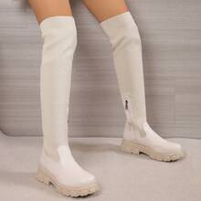 女式過膝高筒靴,彈力,粗跟,隱形坡跟,厚底,秋冬,新品 - 米色 - 查看 5