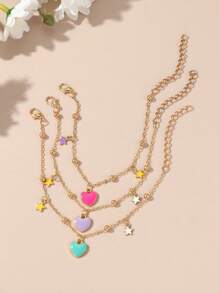 3pcs Girls' Heart & Pentagram Bracelet For Daily Wear - Multicolor - View 4