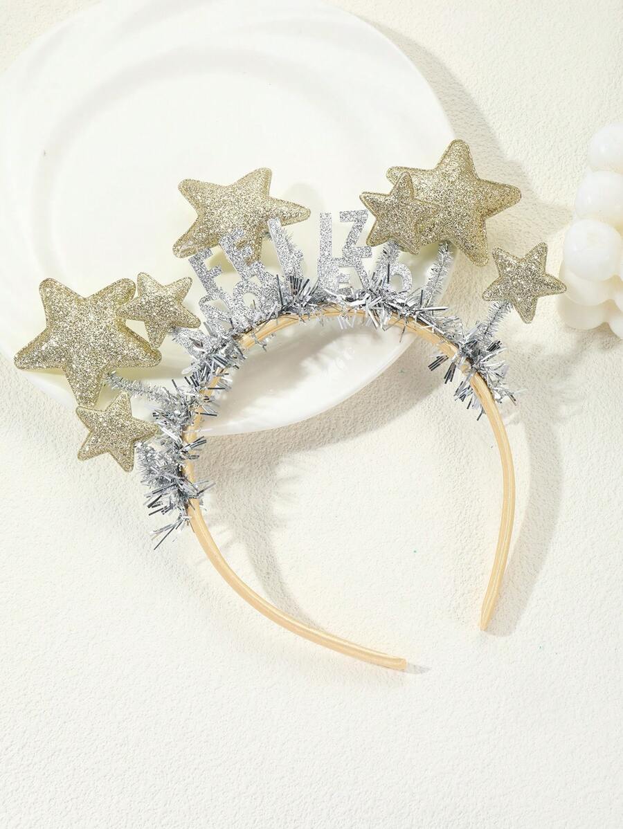 1pc Silver Star & Golden Glitter "Happy New Year" Letter Headband, New Year Series