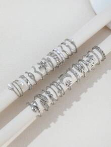 歐美風格23枚女士鋯石情侶戒指,包括太陽、星星、樹葉、珍珠、水鑽、十字戒指,可調式關節戒指,適合日常生活和婚禮派對 - 銀色 - 查看 5