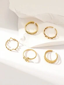 5 件/套男女不銹鋼戒指,包括簡單優雅的樹形、心形、波浪、蝴蝶、條紋設計,感恩節禮物