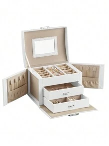 SONGMICS Schmuckkästchen 3 Ebenen, Schmuckkasten mit Griff, 2 Schubladen, Schmuckschatulle mit Spiegel, Schloss, Schmuckaufbewahrung für Reisen, modern, Geschenkidee - Weiss - Übersicht 3
