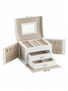 SONGMICS Schmuckkästchen 3 Ebenen, Schmuckkasten mit Griff, 2 Schubladen, Schmuckschatulle mit Spiegel, Schloss, Schmuckaufbewahrung für Reisen, modern, Geschenkidee - Weiss - Übersicht 2
