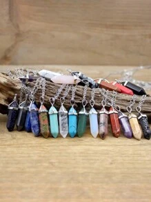 1pc Natural Stone Hexagonal Column Pendant Necklace For Yoga Anxiety Relief, Made With Crystal, Rose Quartz, Fluorite, Blue Sandstone, Dowsing Pendulum Pendant, Chakra Necklaces, Fashion Jewellery - Multicolor - View 3