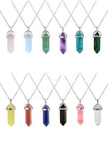 1pc Natural Stone Hexagonal Column Pendant Necklace For Yoga Anxiety Relief, Made With Crystal, Rose Quartz, Fluorite, Blue Sandstone, Dowsing Pendulum Pendant, Chakra Necklaces, Fashion Jewellery - Multicolor - View 2