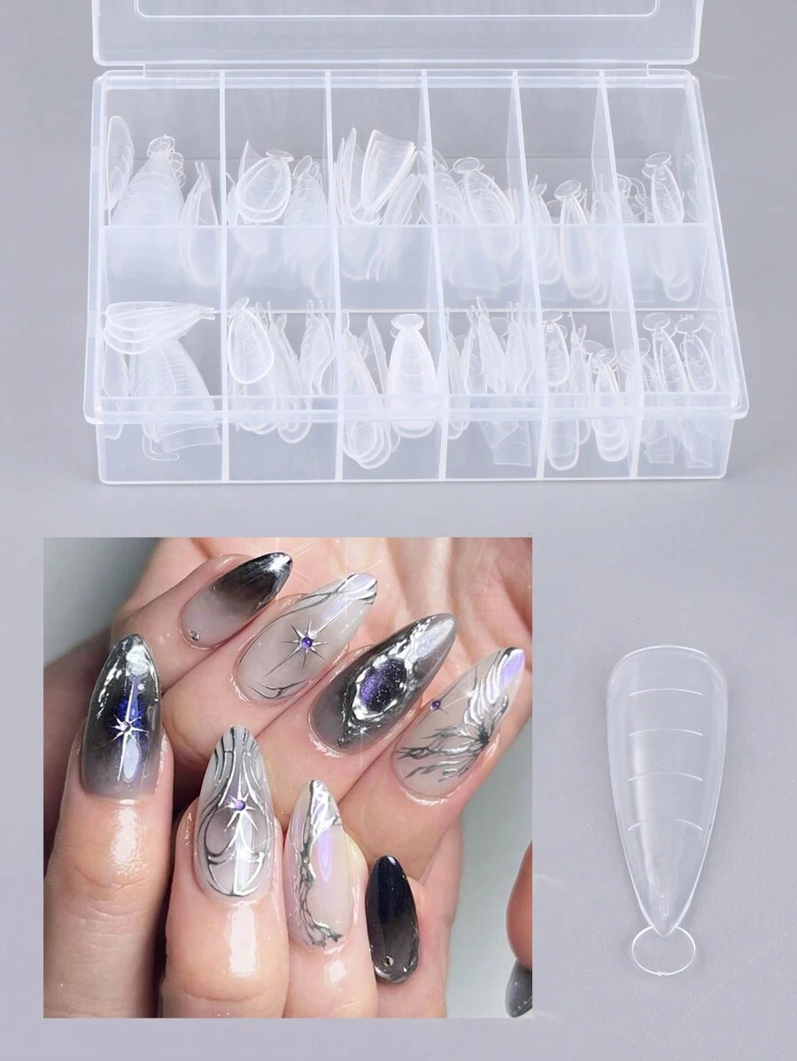 FULL BEAUTY 120 件长杏仁聚指甲凝胶模具指甲延长双重形状透明指甲尖延长全覆盖模具快速构建美甲工具带刻度美甲用品适用于家庭沙龙、美甲用品、美甲工具、美甲工具、返校、指甲、按压指甲的美甲工具 - 無色 - 查看 1