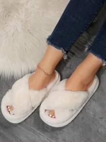 Pantuflas de Peluche Calientitas de Tiras Cruzadas Para Mujer - Blanco - Ver 5