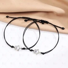 1pair Fashionable Turtle Shaped Rhinestone Inlaid Wax Rope Bracelet, Perfect For Daily Wear And Couples - 1 pair of black wax rope diamond turtle bracelets - View 6
